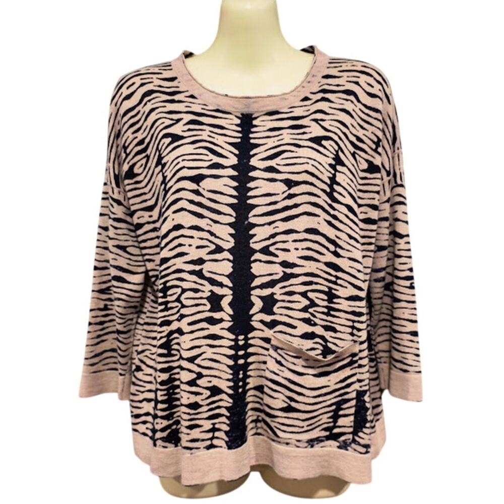 Cullen Linen and Cotton 3/4 Sleeve Sweater, Black & Beige, Sz‎ XS